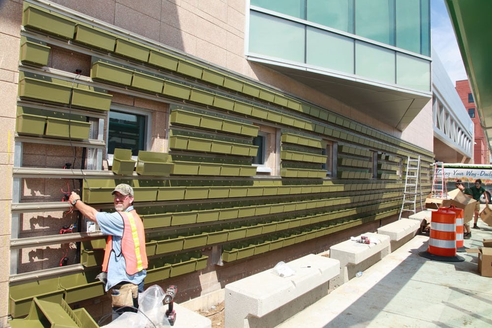 Man installing the rear-fed irrigation on an unplanted green living wall system.