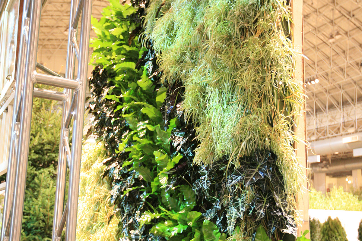 Large indoor vertical garden planted in a diagonal pattern