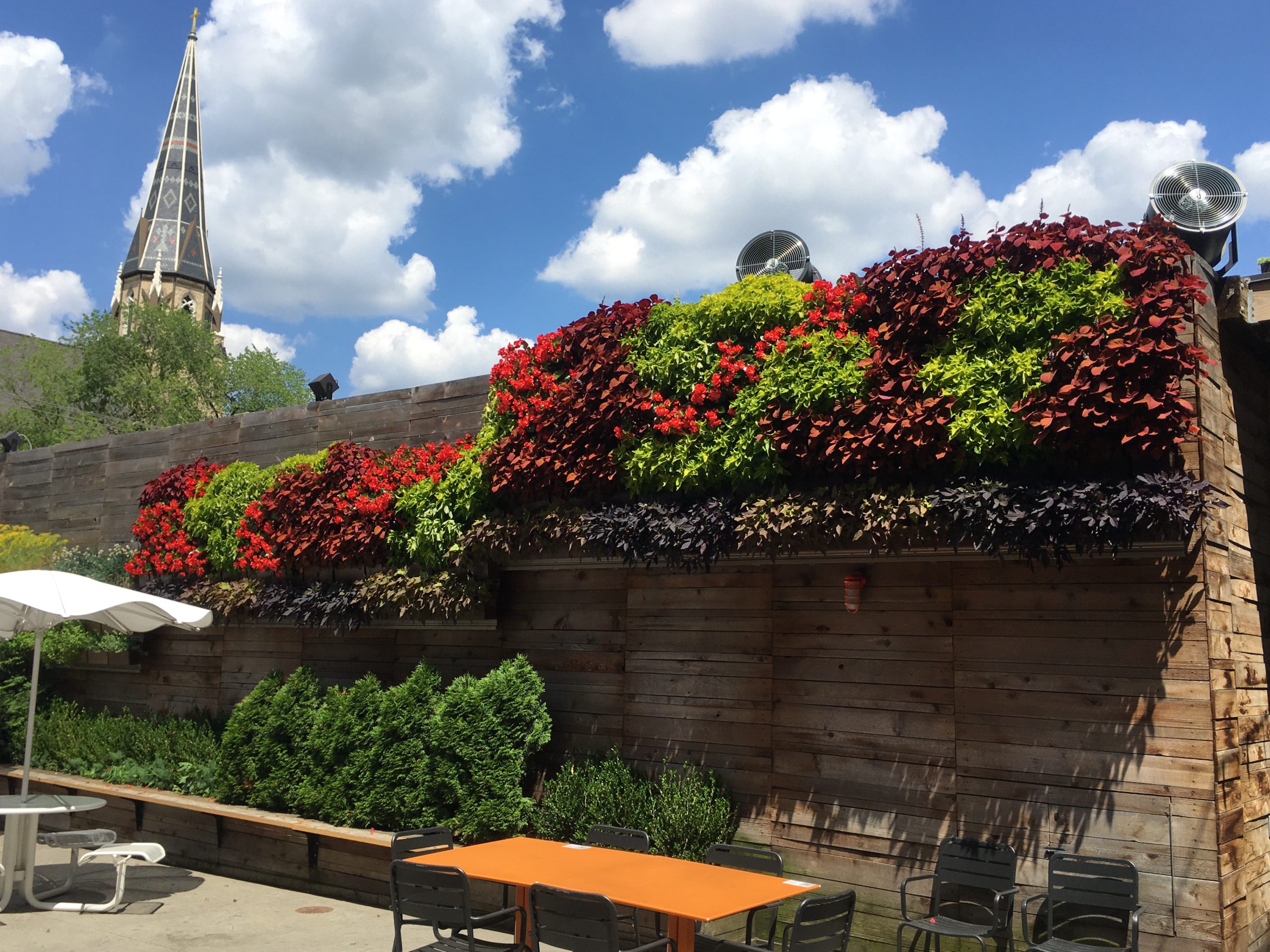 Colorful blend of annuals in New Holland Brewery's living wall