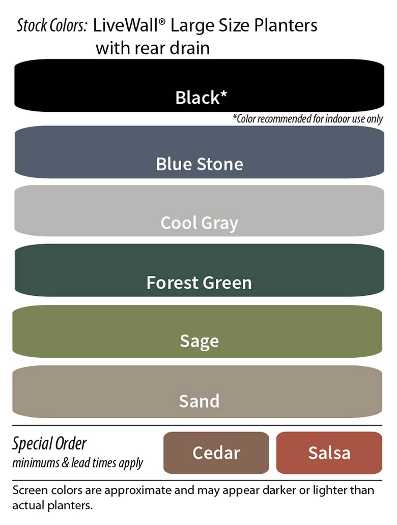 Color Options for LiveWall Large Planters (WallTers) with Rear Drain