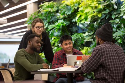 Students at Trent University meet by the living wall.