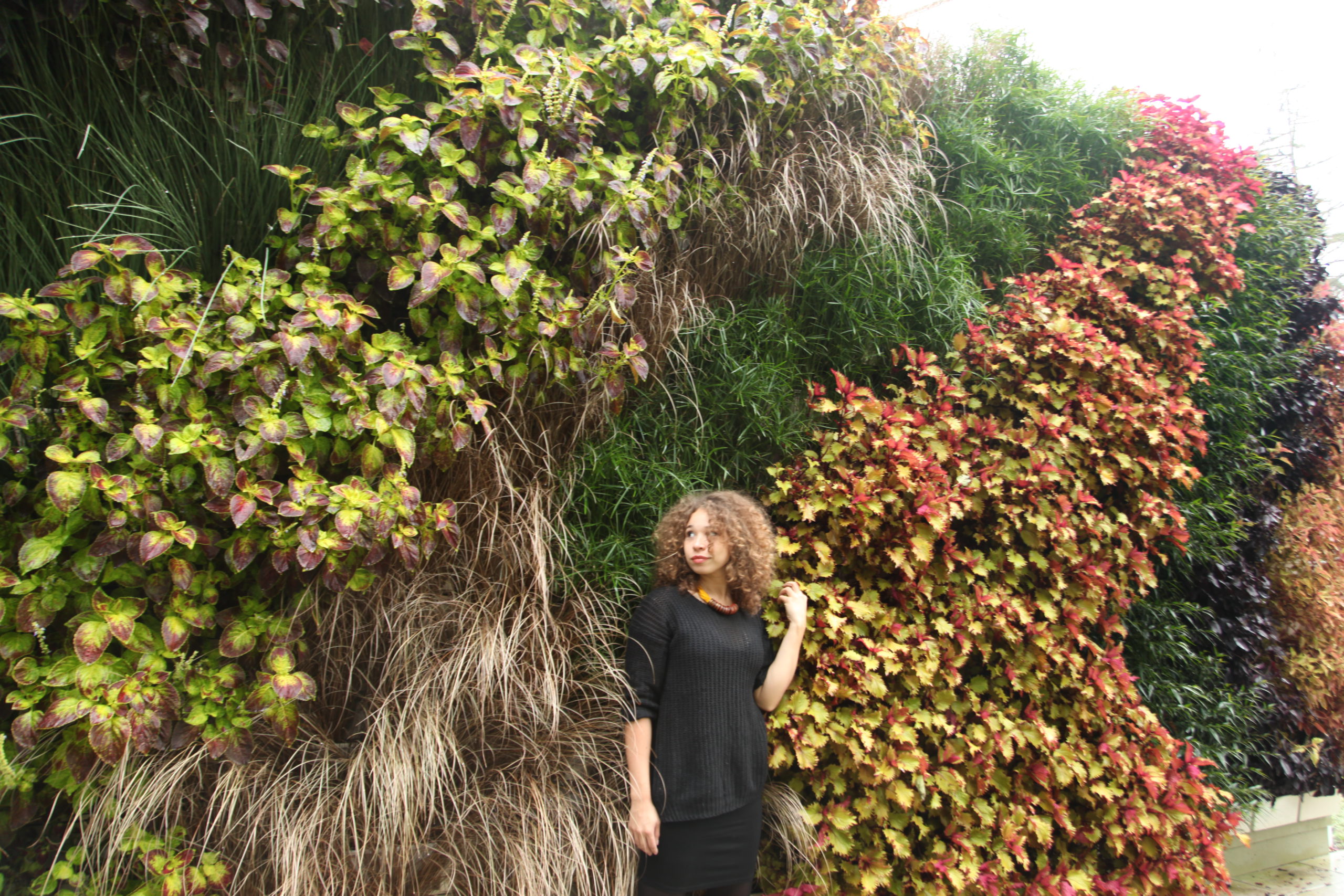 Woman standing in front of a large, extravagant living wall