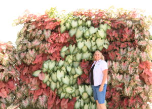 Lori May posing in front of a beautiful LiveWall with caladiums