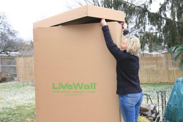 Woman lifting box off of mobile green wall LiveScreen