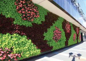 Colorful annuals form a pattern on the Amway Grand's exterior wall