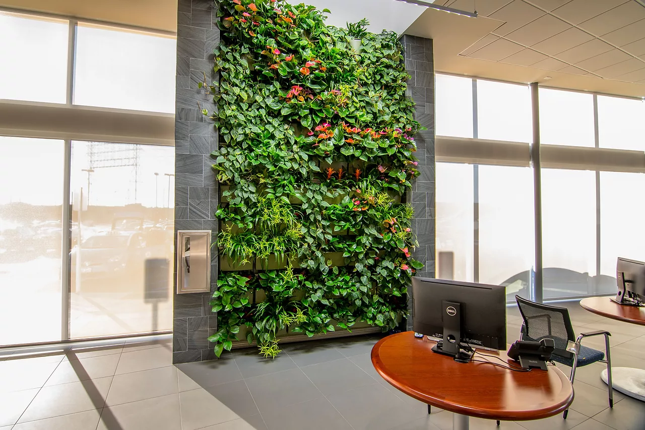 A large green wall of plants is bordered on either side by two big windows. A computer can be seen in the foreground. The wall is green with red flowers accented throughout.